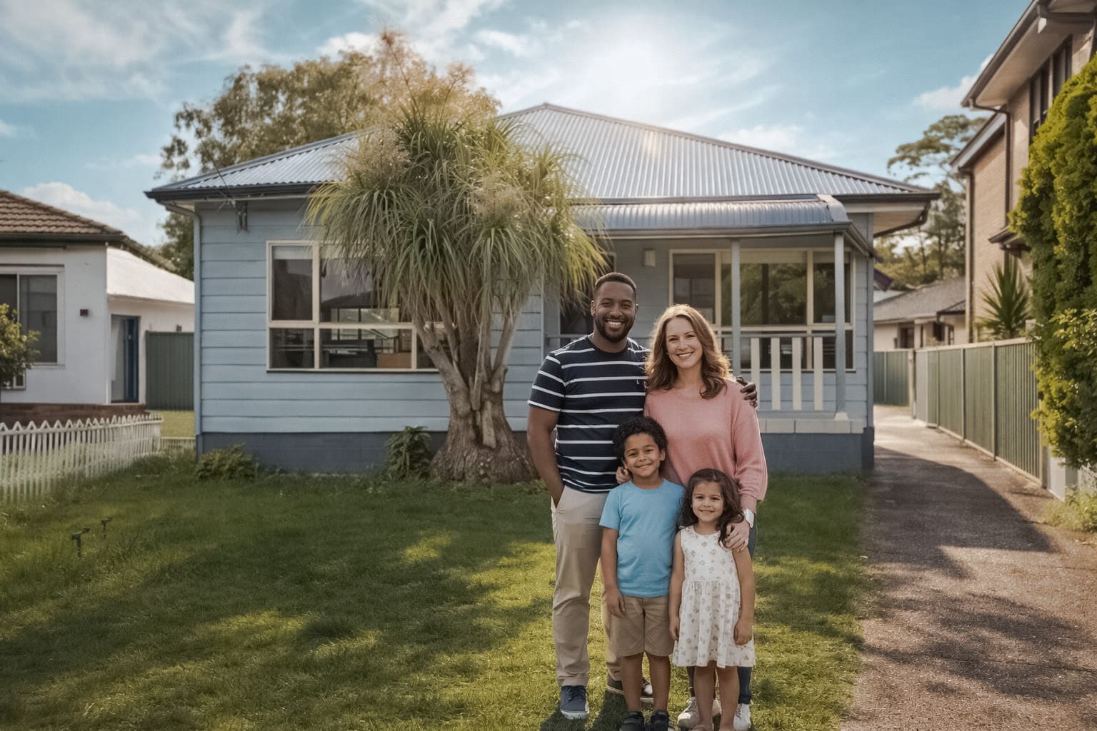 A family standing in front of their protected Sydney home