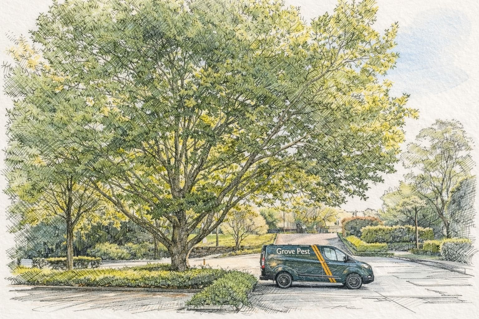 An illustrated Grove Pest van beneath a mature tree