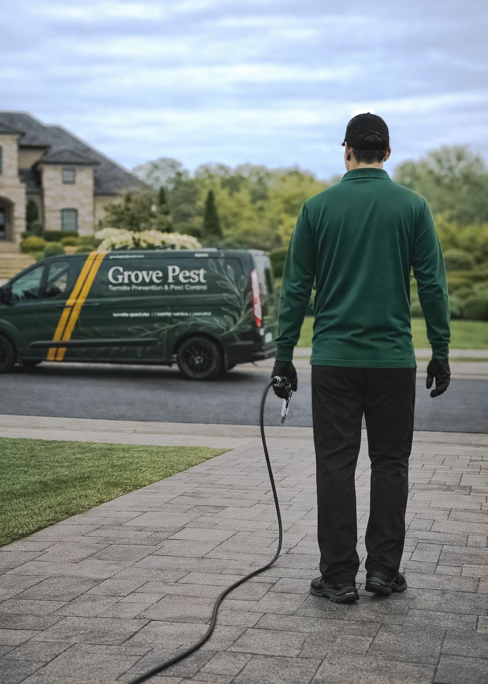 A Grove Pest technician with a spray hose and the branded Grove van in the driveway
